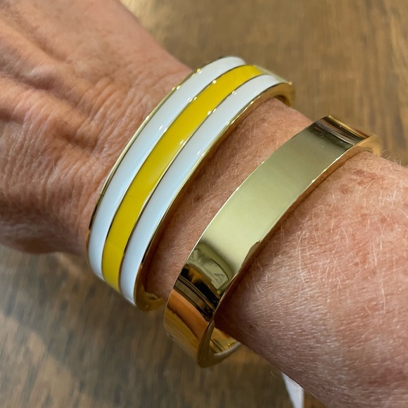 J. Crew Jewelry - J Crew Hinged Clamp Bracelet Bangle White Yellow Stripe Gold Bundle